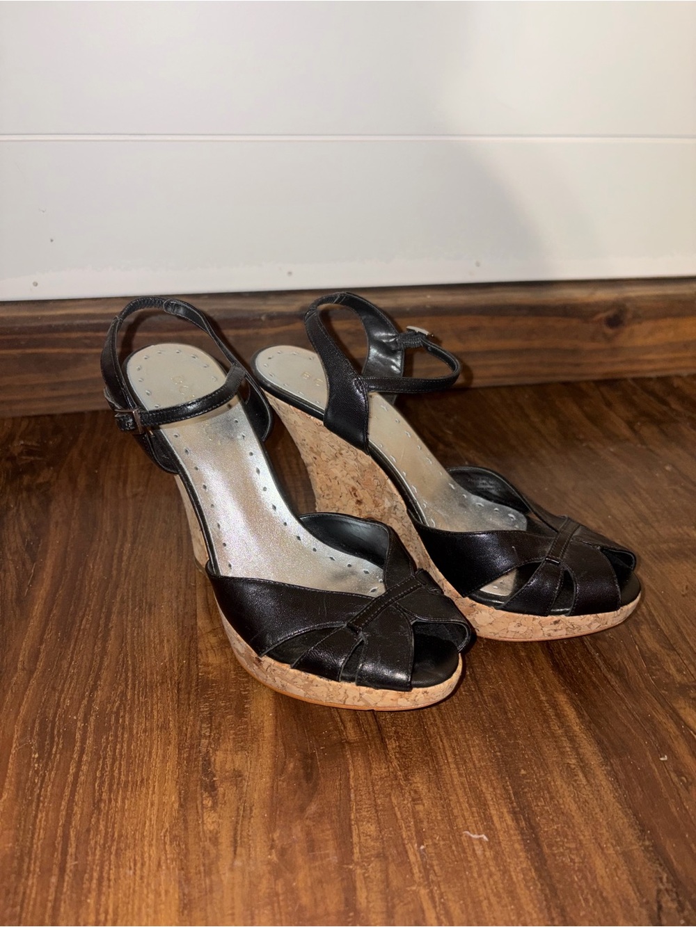 Vintage Y2K BCBGirls Black Cork Wedge Sandals with Ankle Strap